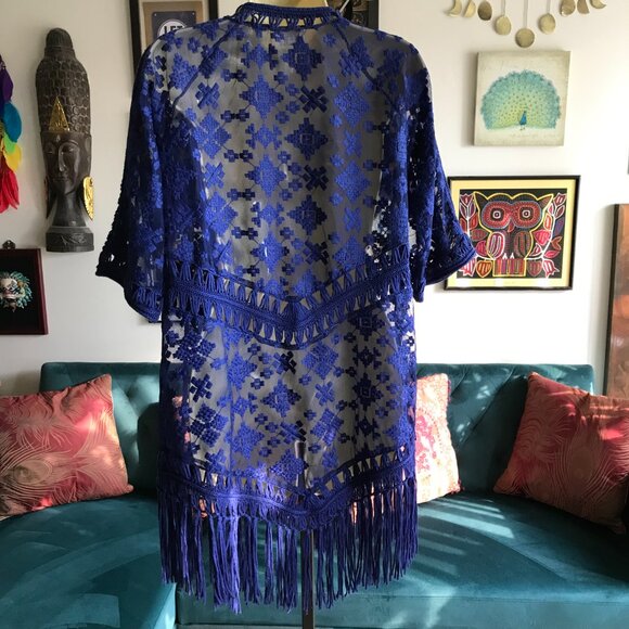 CHICO'S size 2 / M Sheer Blue Mesh Embroidered Fringe Kimono Cardigan Boho - Picture 4 of 5